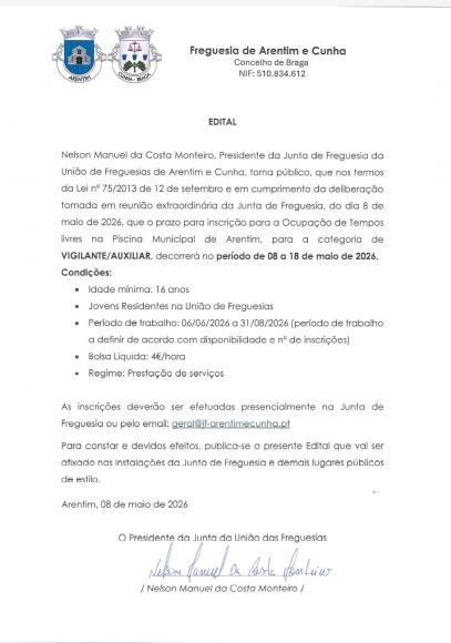 RECRUTAMENTO DE VIGILANTES/AUXILIARES -  PISCINA DE ARENTIM