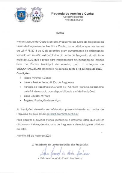RECRUTAMENTO DE VIGILANTES/AUXILIARES -  PISCINA DE ARENTIM
